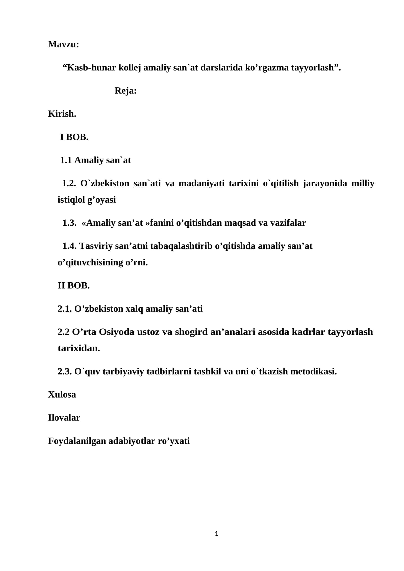 Kasb-hunar kollej amaliy san`at darslarida ko’rgazma tayyorlash. Bitiruv malakaviy ishi. Kurs ishi 1
