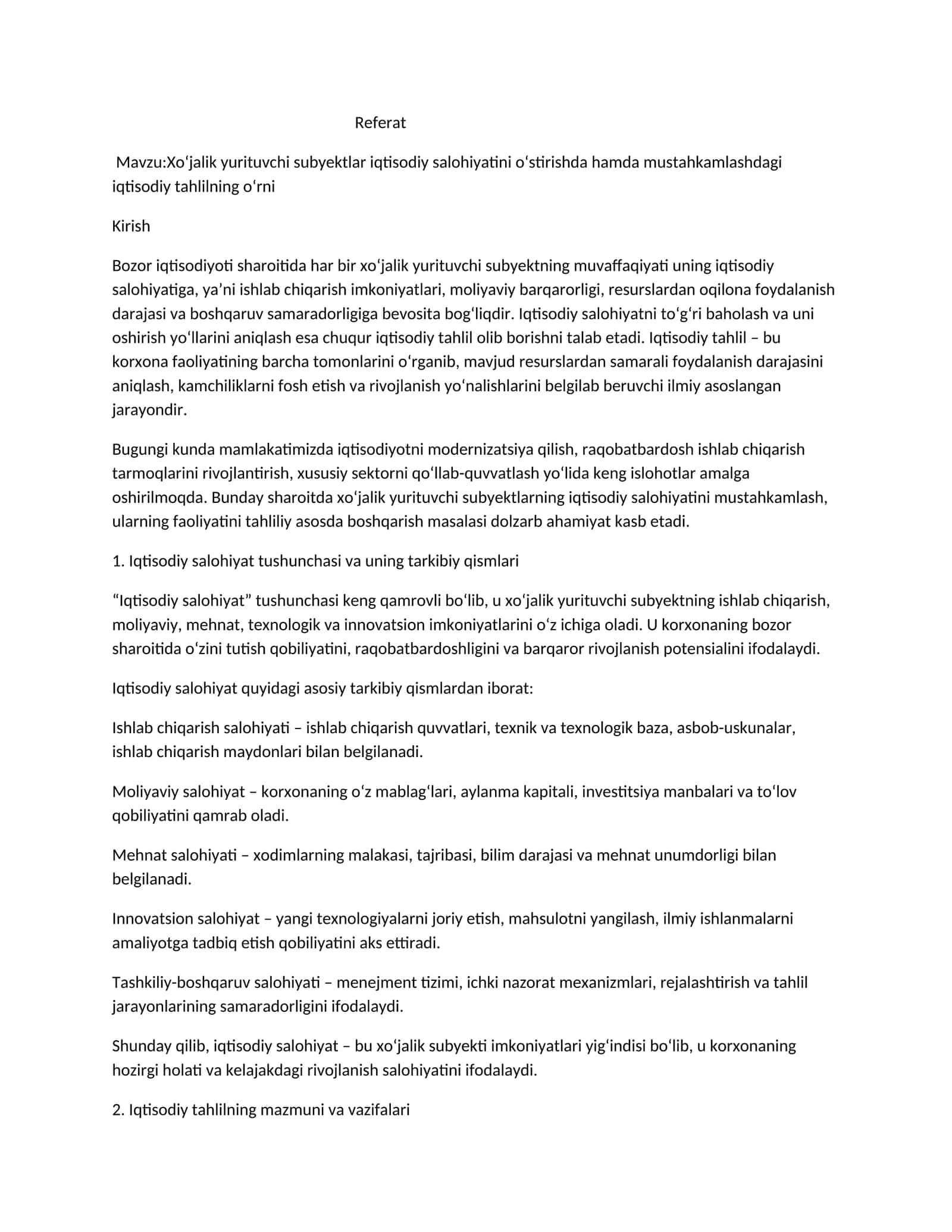 Xo‘jalik yurituvchi subyektlar iqtisodiy salohiyatini o‘stirishda hamda mustahkamlashdagi iqtisodiy tahlilning o‘rni 1