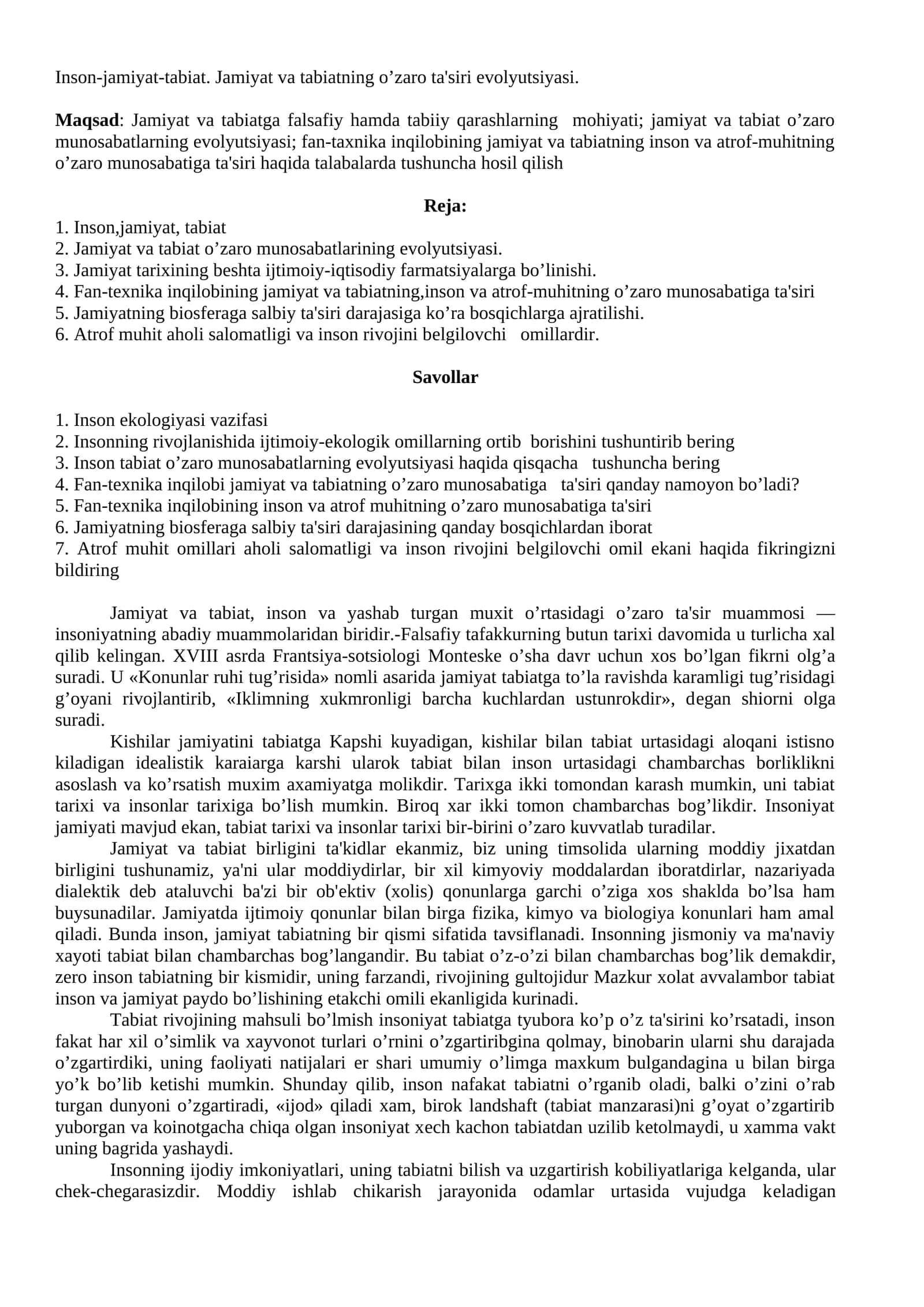 Inson-jamiyat-tabiat. Jamiyat va tabiatning o’zaro ta'siri evolyutsiyasi 1