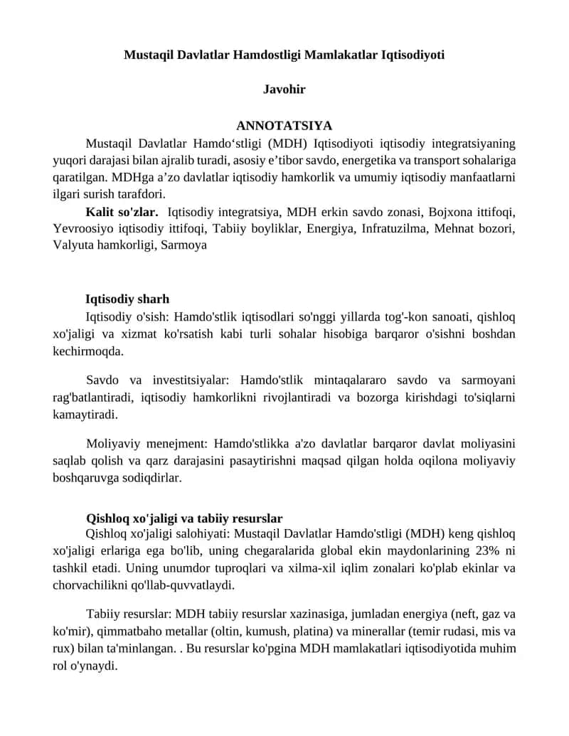 Mustaqil Davlatlar Hamdo'stligi Mamlakatlar Iqtisodiyoti 1