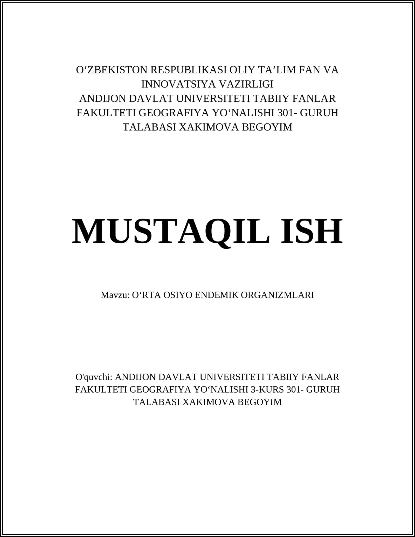 OʻRTA OSIYO ENDEMIK ORGANIZMLARI 1