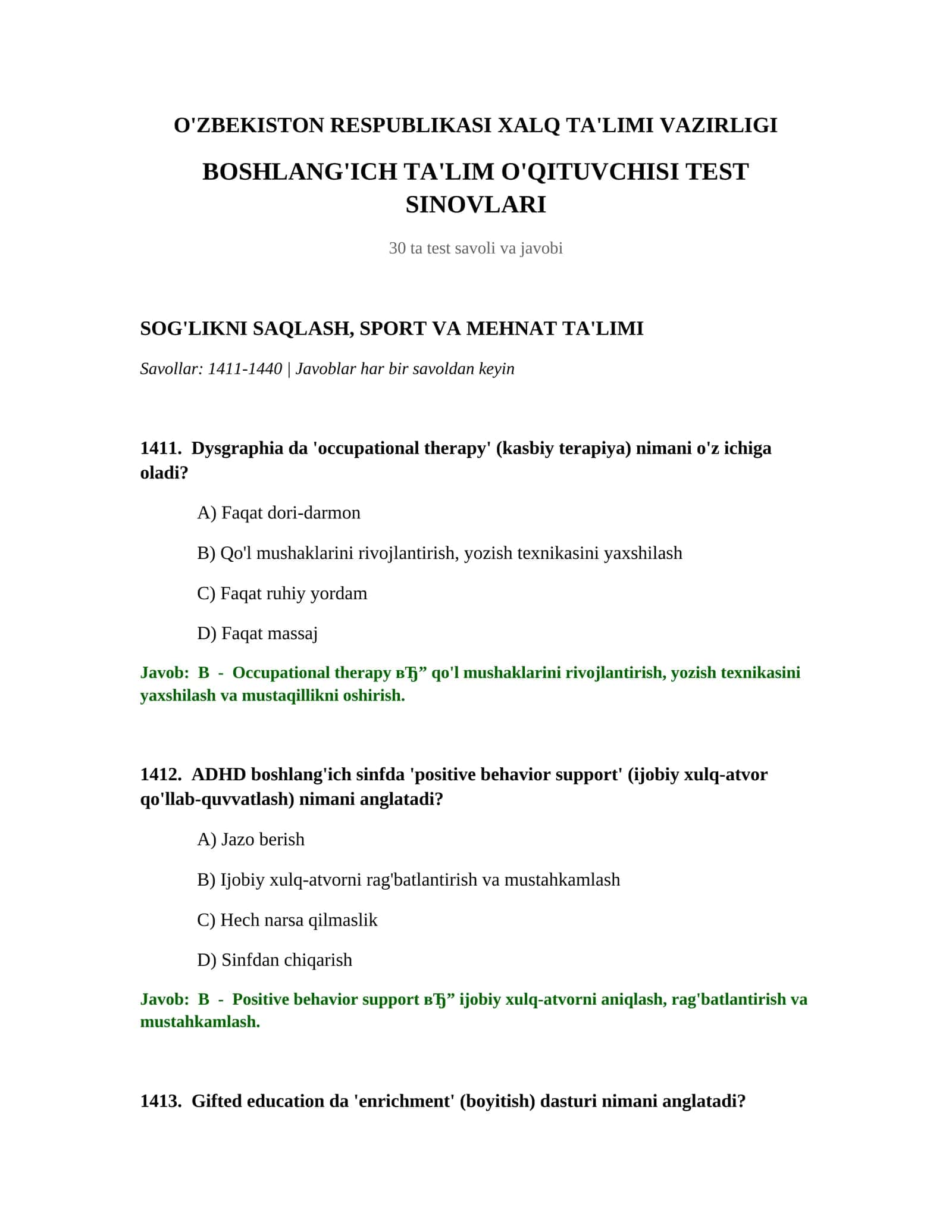 BOSHLANG'ICH TA'LIM O'QITUVCHISI TEST SINOVLARI 1