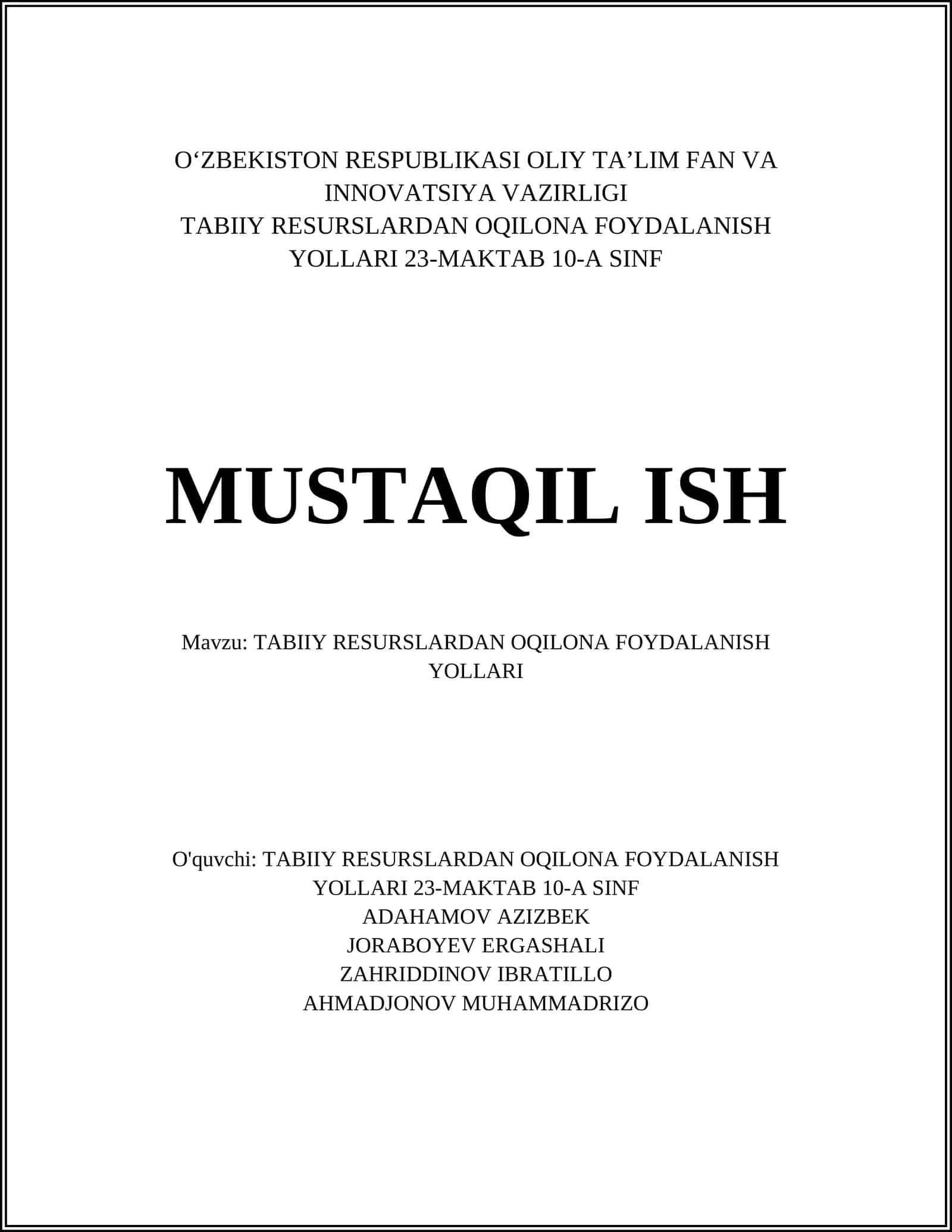 O‘ZBEKISTON RESPUBLIKASI OLIY TA’LIM FAN VA INNOVATSIYA VAZIRLIGI 1