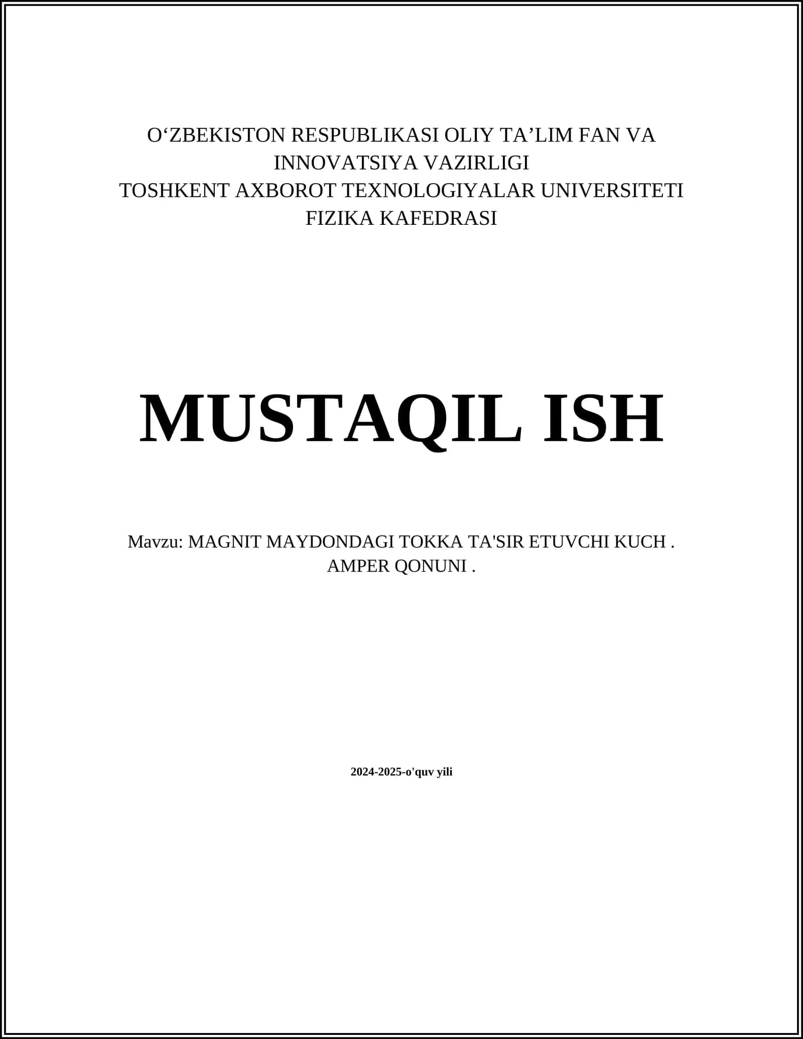 MAGNIT MAYDONDAGI TOKKA TA'SIR ETUVCHI KUCH. AMPER QONUNI 1