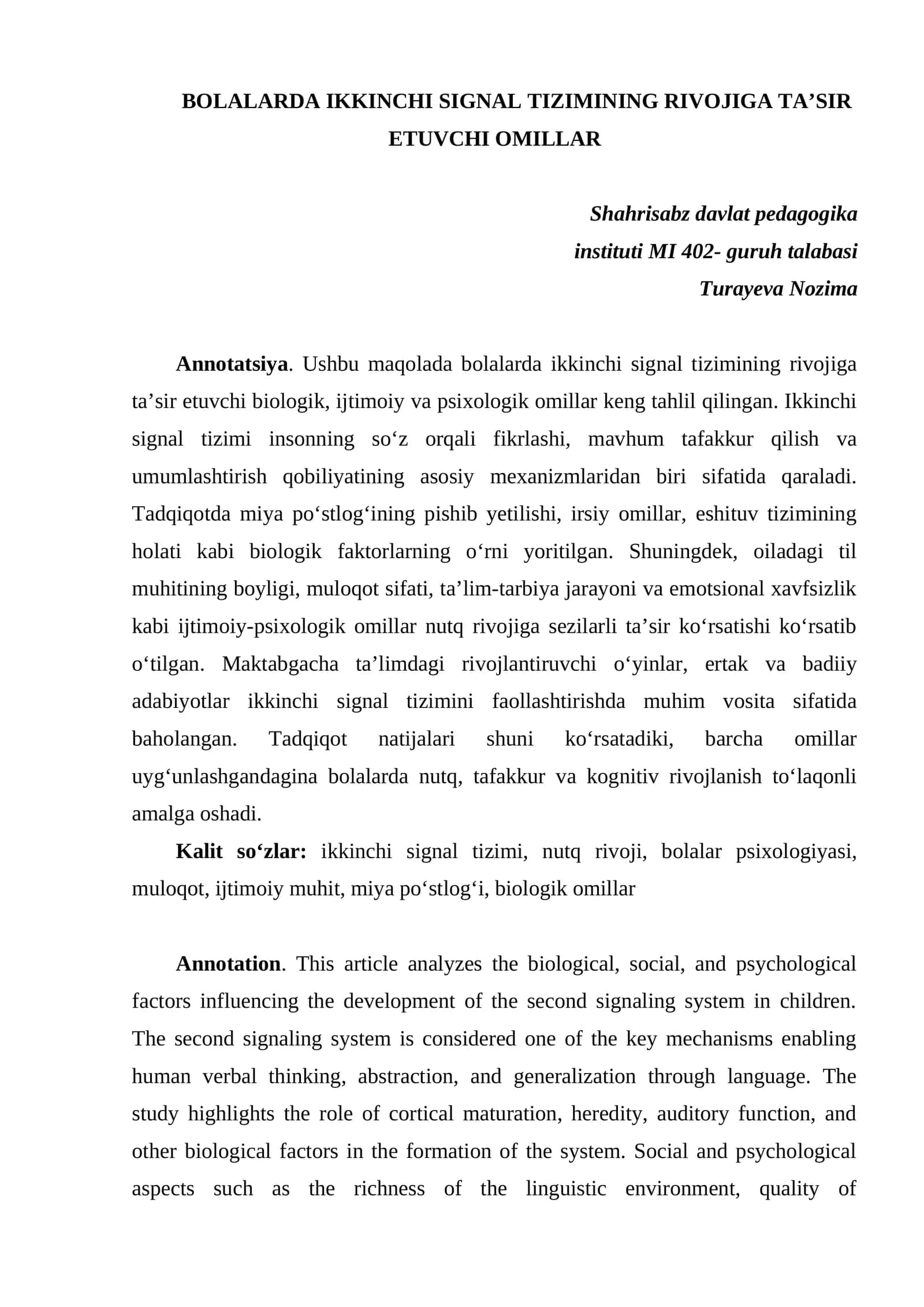 BOLALARDA IKKINCHI SIGNAL TIZIMINING RIVOJIGA TA’SIR ETUVCHI OMILLAR 1