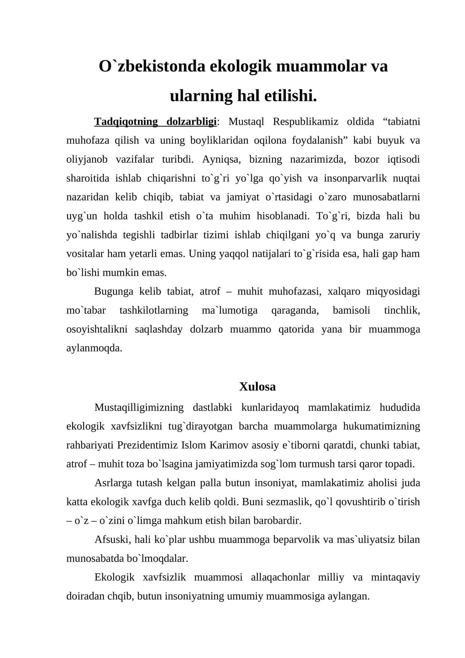 Ekologik muammolar va ularning hal etilishi 1