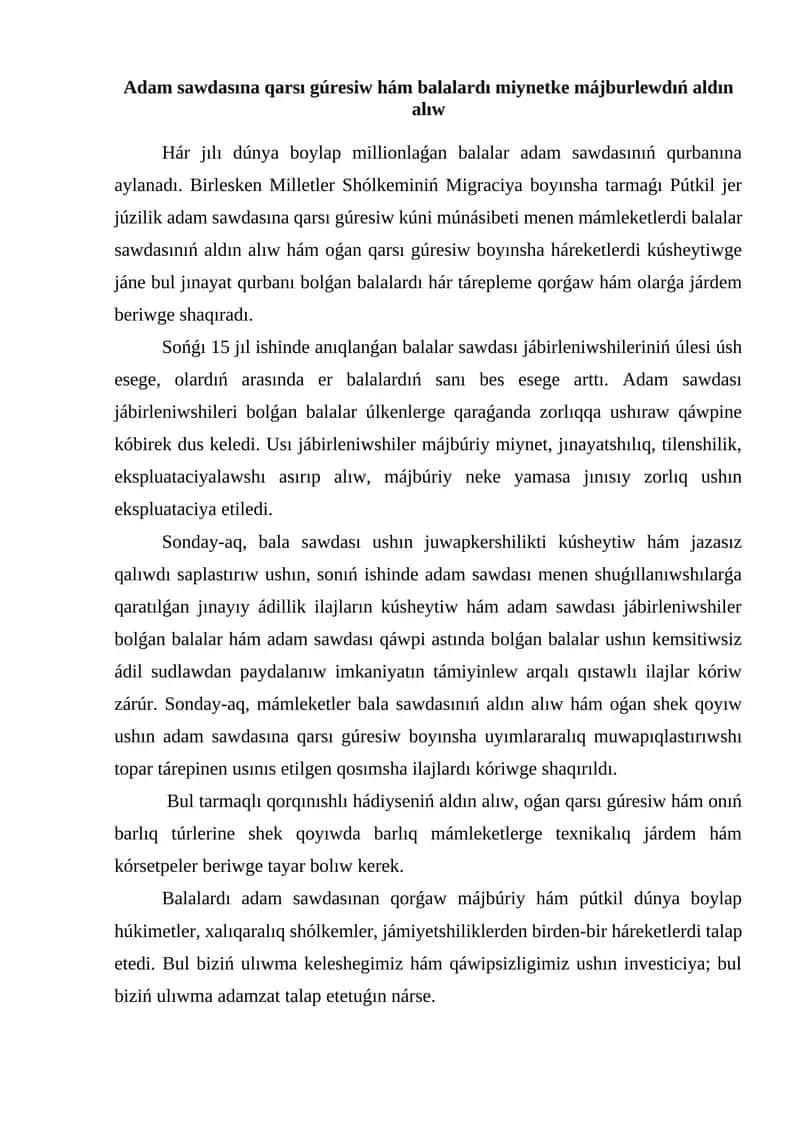 Adam sawdasına qarsı gúresiw 1