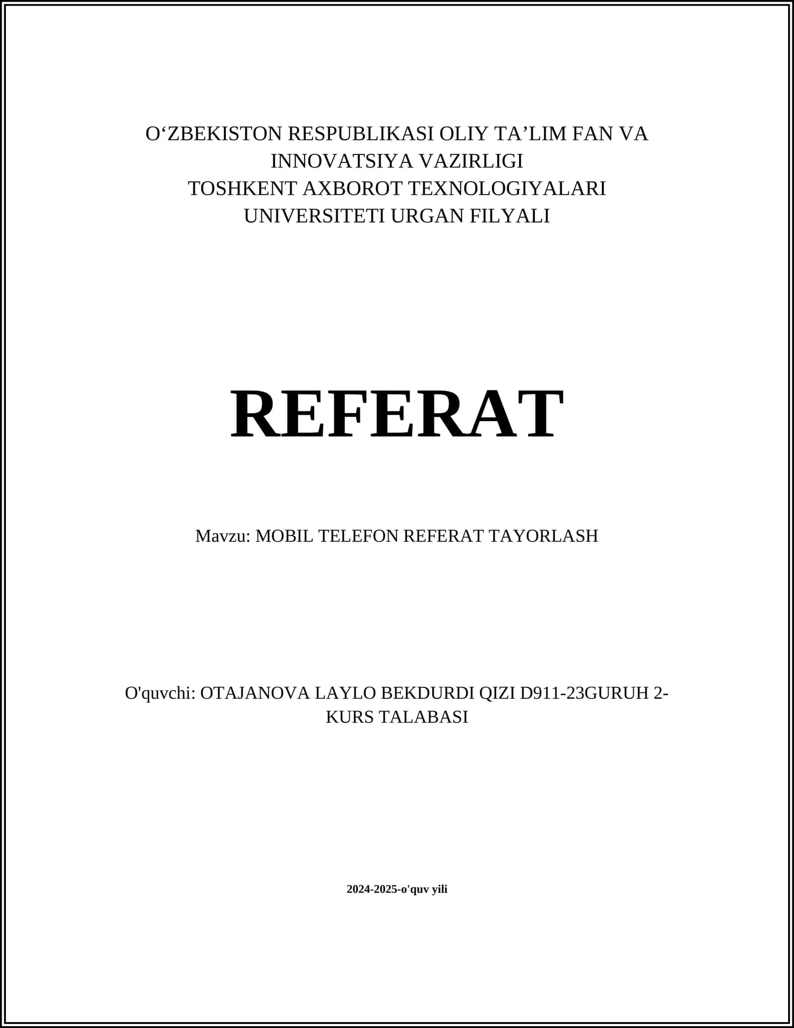 MOBIL TELEFON REFERAT TAYORLASH 1