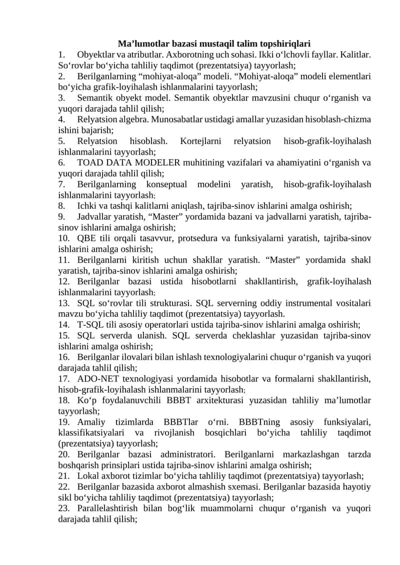 Ma’lumotlar bazasi mustaqil talim topshiriqlari 1