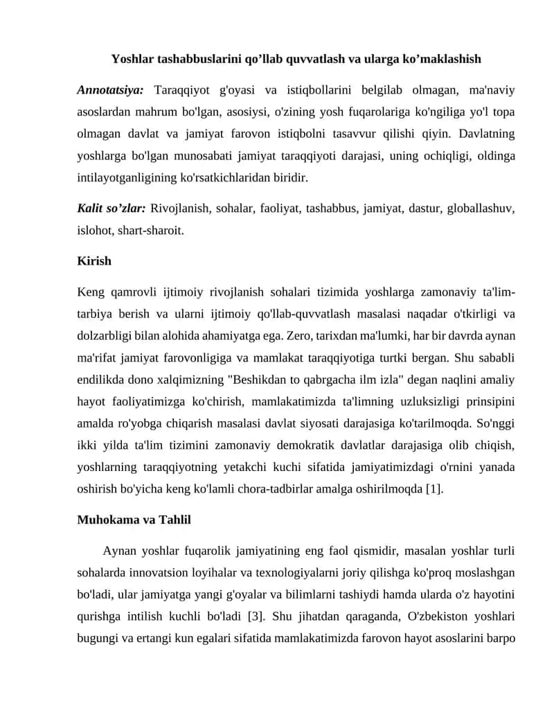 Yoshlar tashabbuslarini qo’llab quvvatlash va ularga ko’maklashish 1