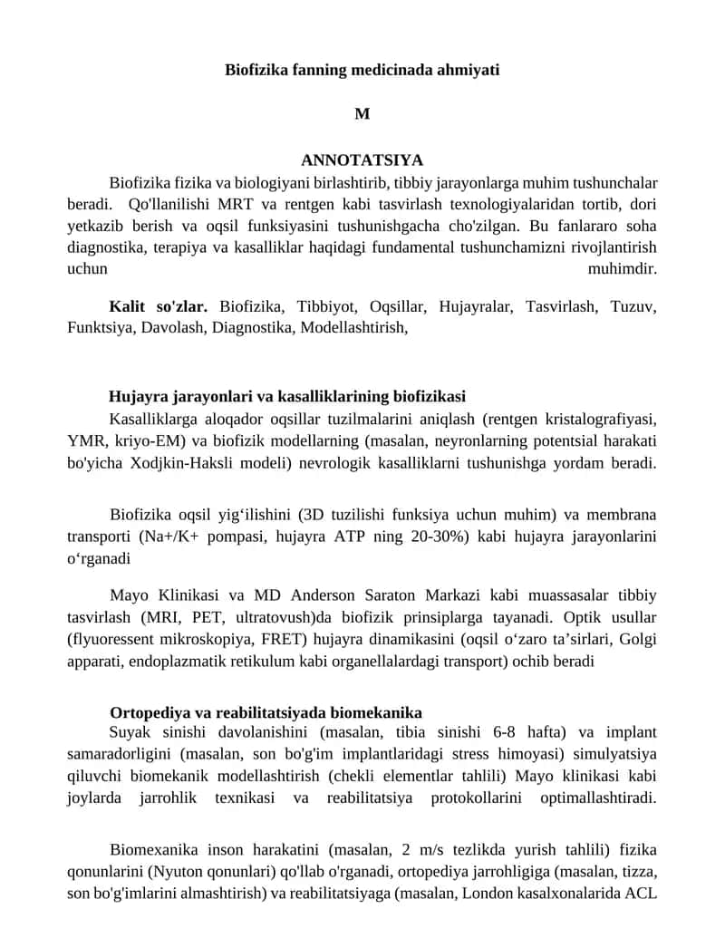 Biofizika fanning medicinada ahmiyati 1