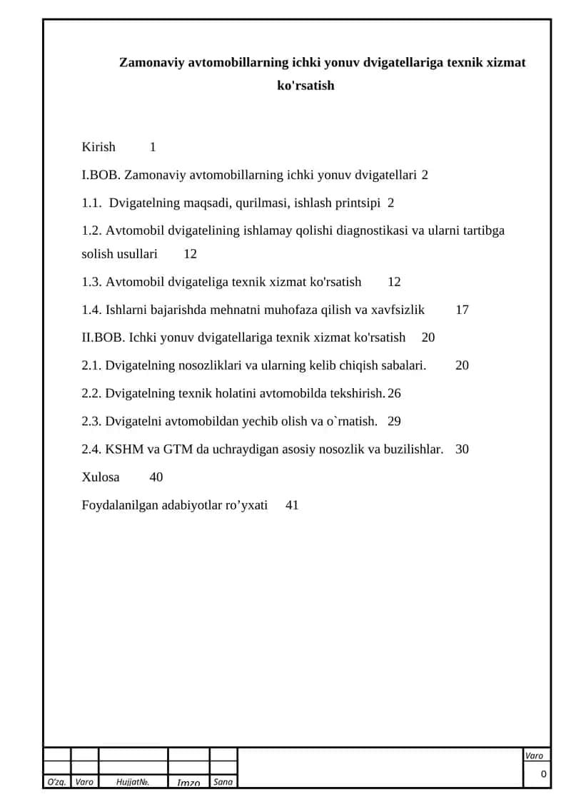 Zamonaviy avtomobillarning ichki yonuv dvigatellariga texnik xizmat ko'rsatish 1