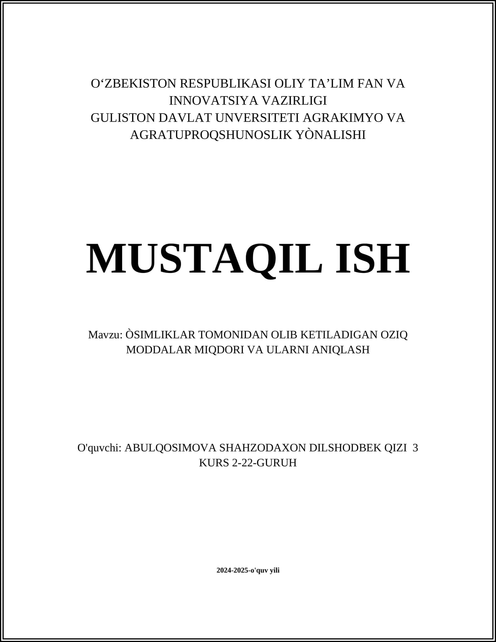 ÒSIMLIKLAR TOMONIDAN OLIB KETILADIGAN OZIQ MODDALAR MIQDORI VA ULARNI ANIQLASH 1