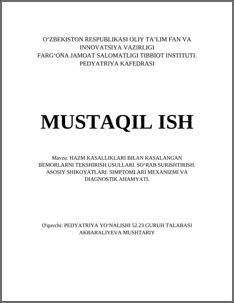 HAZM KASALLIKLARI BILAN KASALANGAN BEMORLARNI TEKSHIRISH USULLARI 1