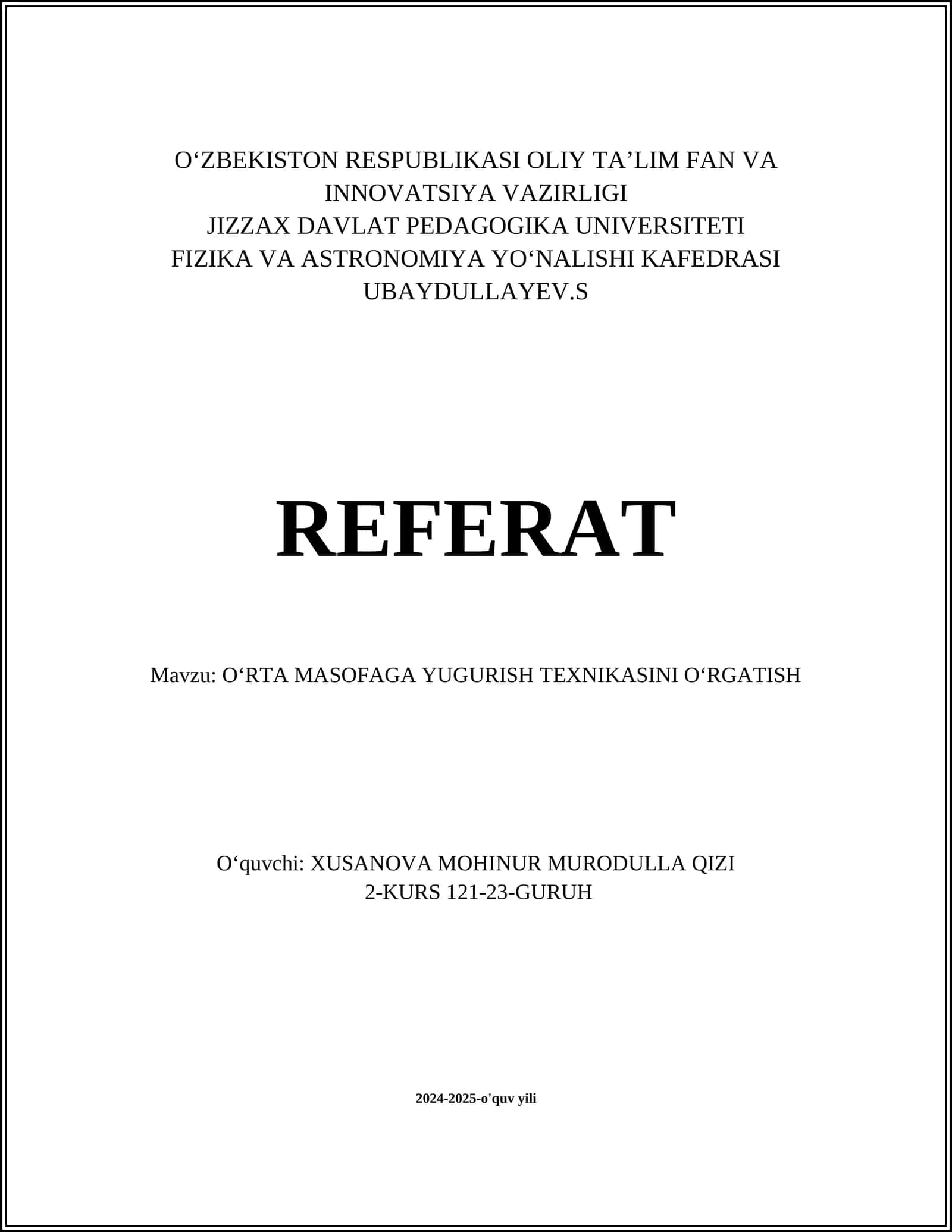 O‘RTA MASOFAGA YUGURISH TEXNIKASINI O‘RGATISH 1