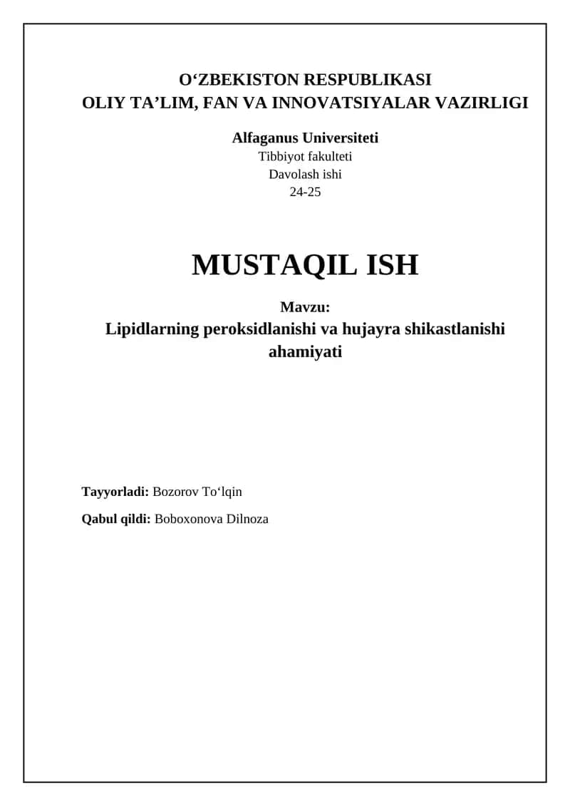 Lipid peroksidlanishning mexanizmi va oqibatlari 1