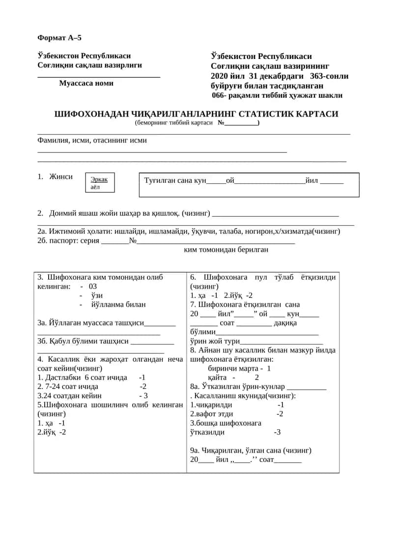 ШифохонаДАН ЧИҚАРИЛГАНЛАРНИНГ СТАТИСТИК КАРТАСИ 1