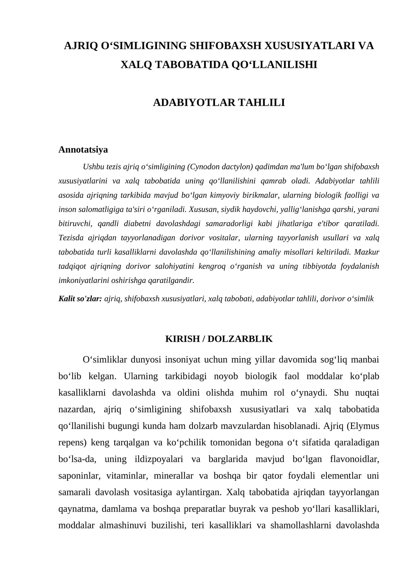 AJRIQ O‘SIMLIGINING SHIFOBAXSH XUSUSIYATLARI VA XALQ TABOBATIDA QO‘LLANILISHI 1