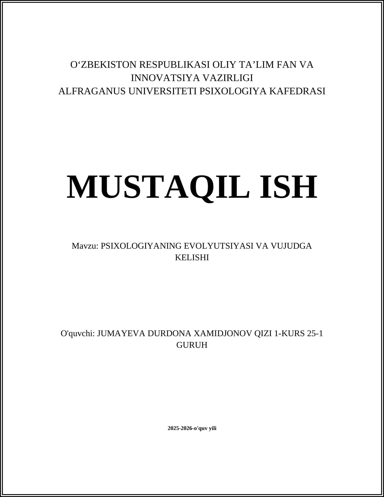 PSIXOLOGIYANING EVOLYUTSIYASI VA VUJUDGA KELISHI 1