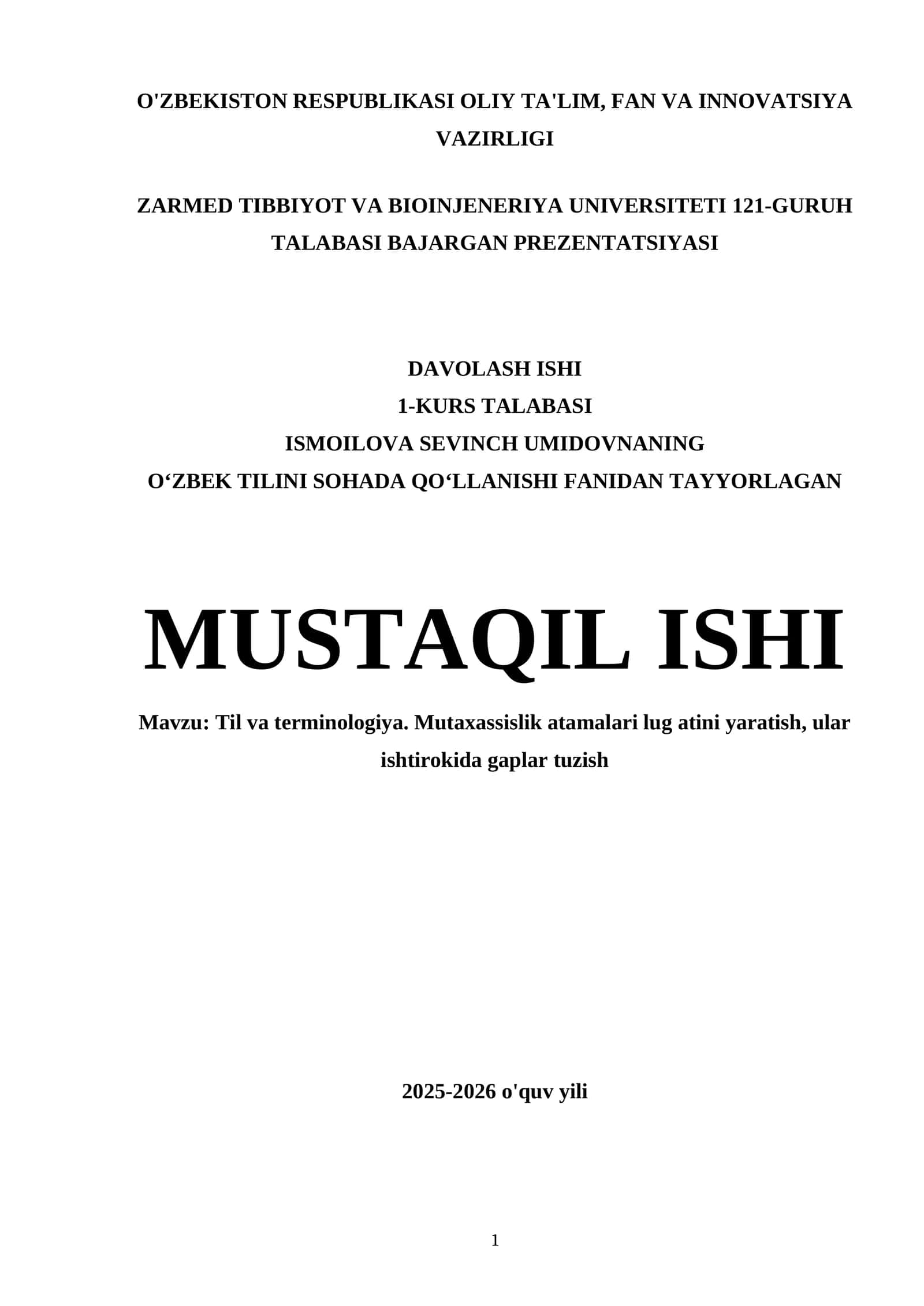 Mavzu: Til va terminologiya. Mutaxassislik atamalari lug atini yaratish, ular ishtirokida gaplar tuzish 1