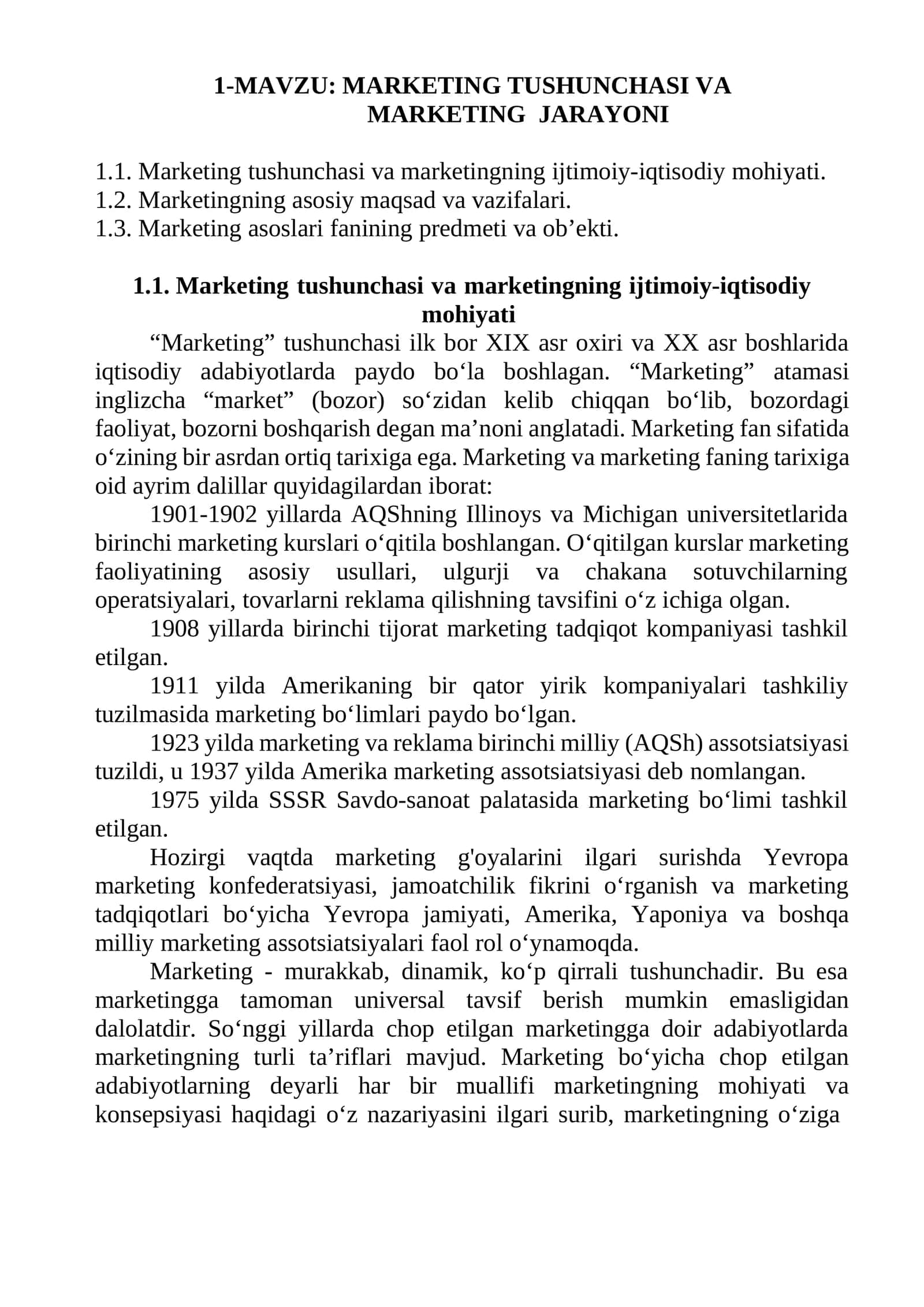 MARKETING TUSHUNCHASI VA MARKETING JARAYONI 1