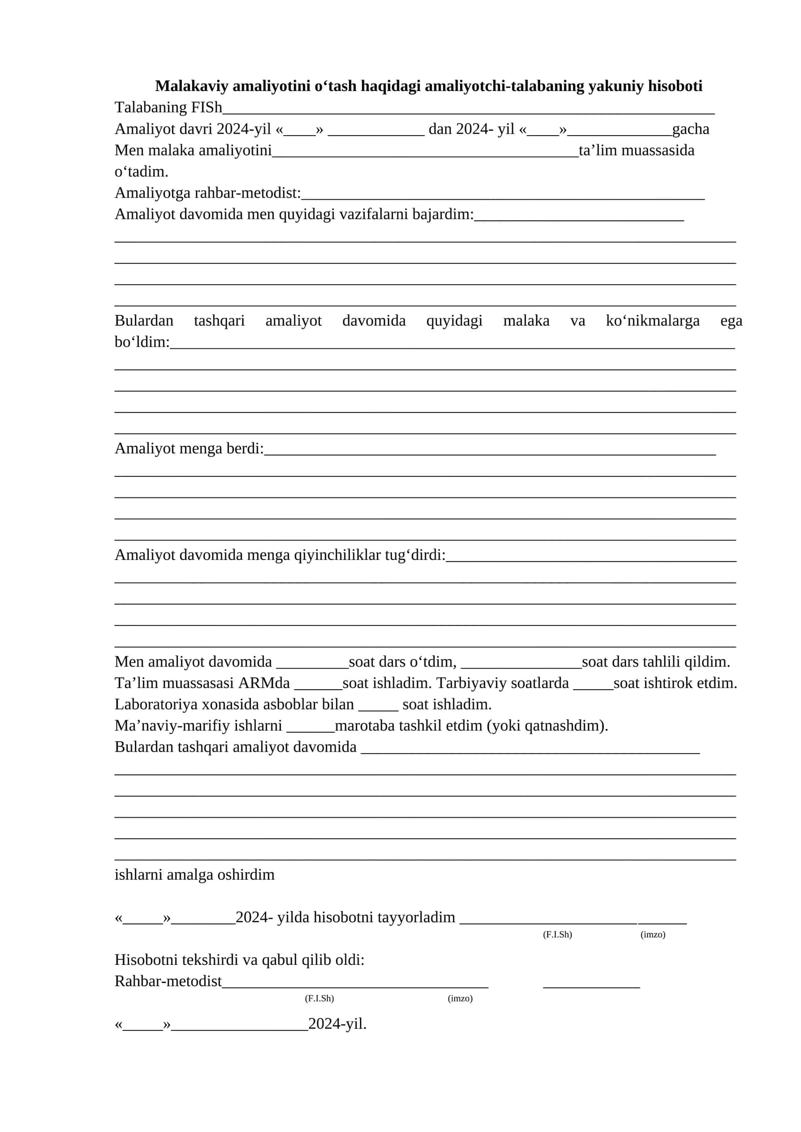 Malakaviy amaliyotini o‘tash haqidagi amaliyotchi-talabaning yakuniy hisoboti 1