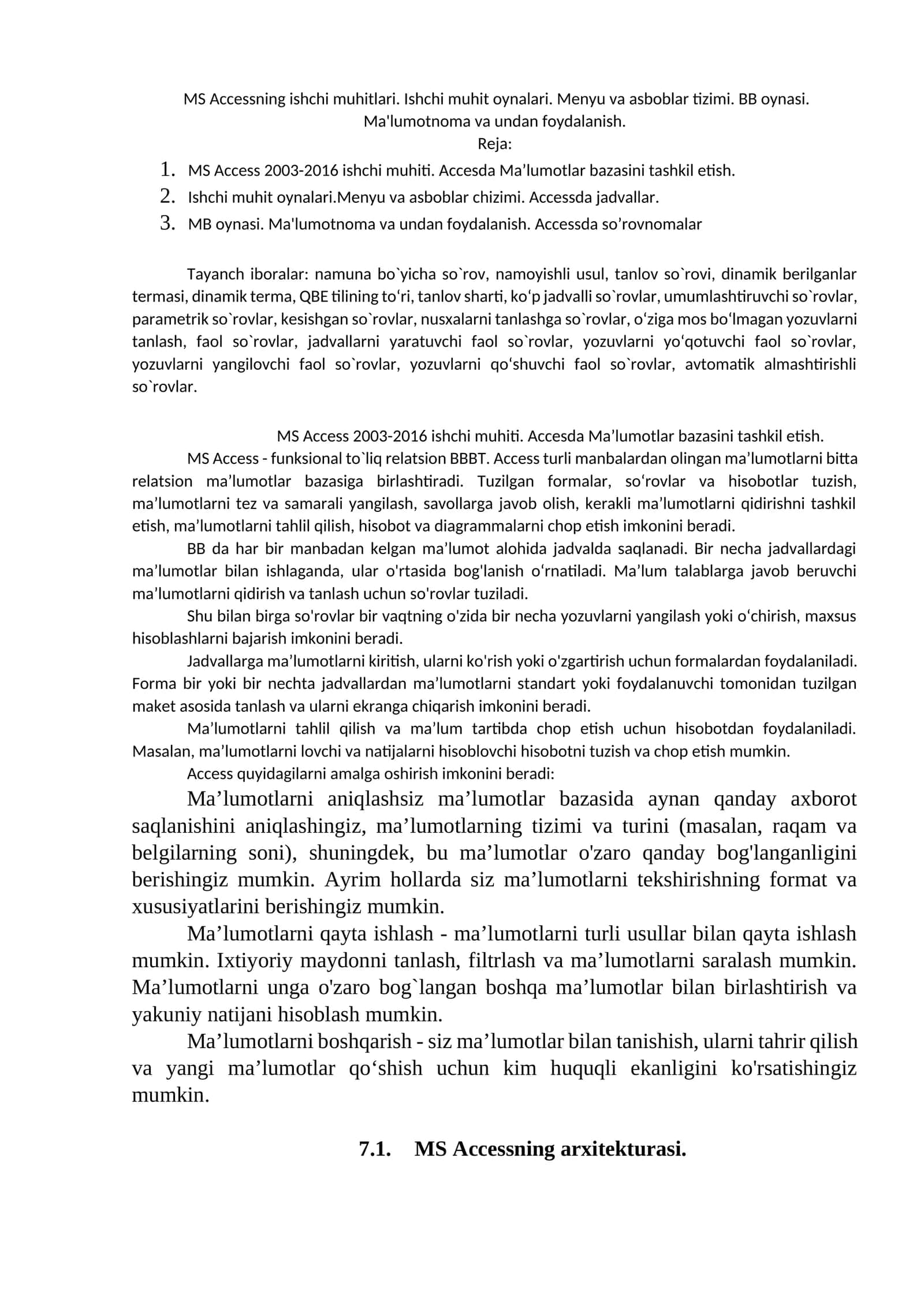 MS Accessning ishchi muhitlari 1