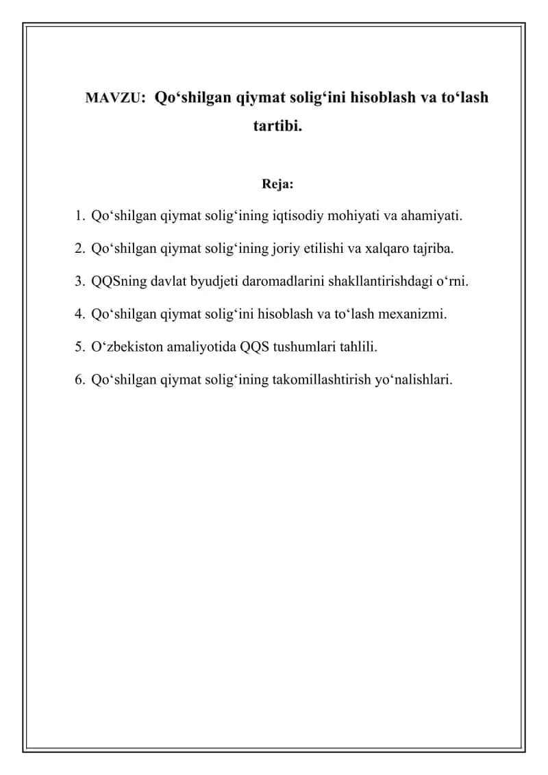 Qo‘shilgan qiymat solig‘ini hisoblash va to‘lash tartibi. 1