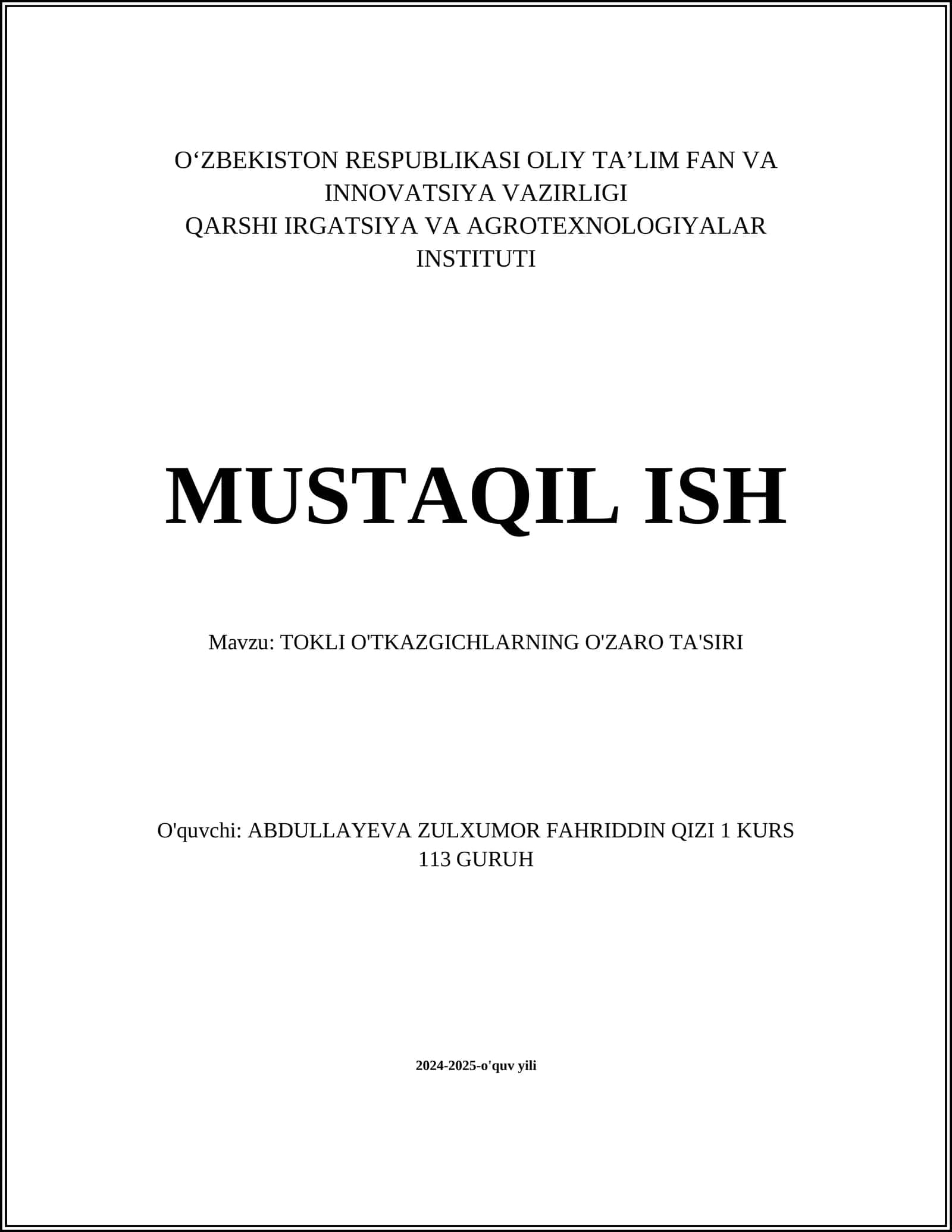 TOKLI O'TKAZGICHLARNING O'ZARO TA'SIRI 1