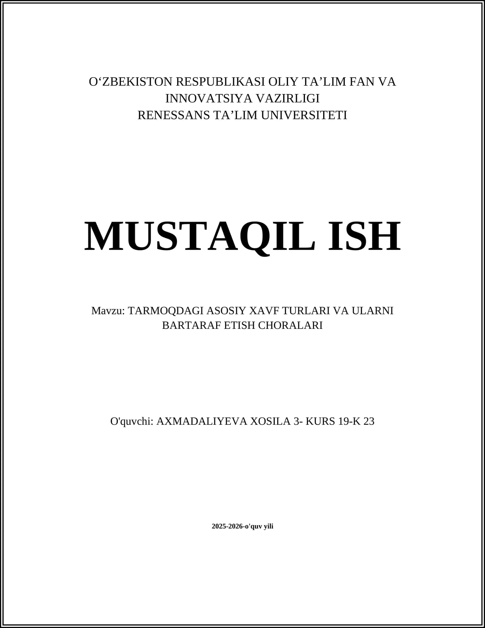 TARMOQDAGI ASOSIY XAVF TURLARI VA ULARNI BARTARAF ETISH CHORALARI 1