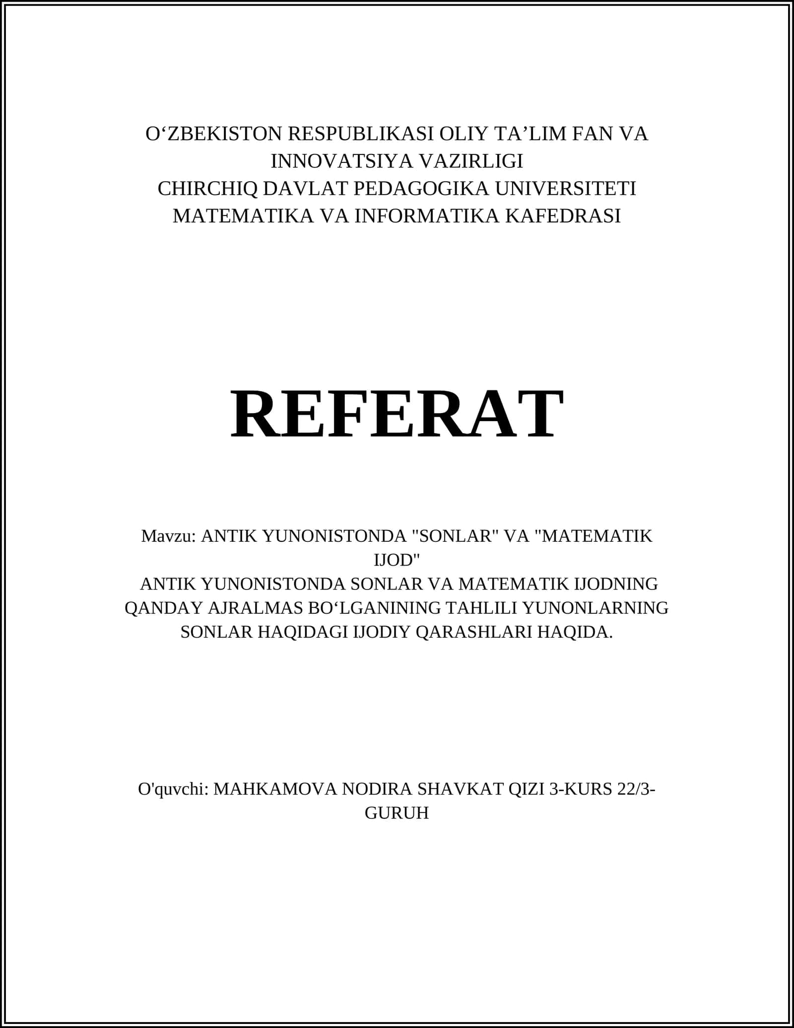 ANTIK YUNONISTONDA "SONLAR" VA "MATEMATIK IJOD" 1