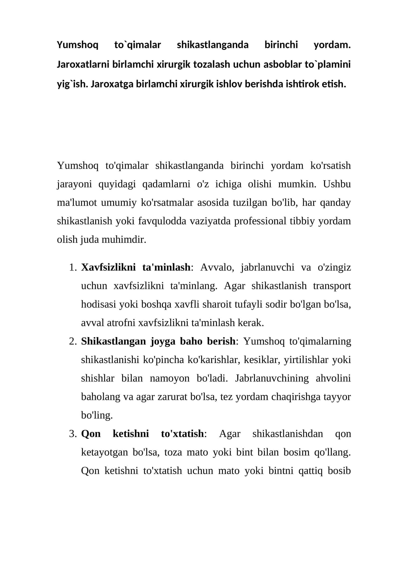 Yumshoq to`qimalar shikastlanganda birinchi yordam 1