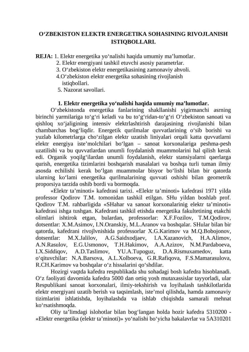 O‘ZBEKISTON ELEKTR ENERGETIKA SOHASINING RIVOJLANISH ISTIQBOLLARI 1