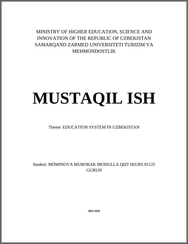 TURIZIM VA MEHMONDOSTLIK MUSTAQIL ISH 1