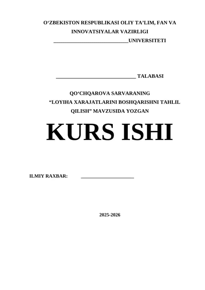 LOYIHA XARAJATLARINI BOSHQARISHNI TAHLIL QILISH 1