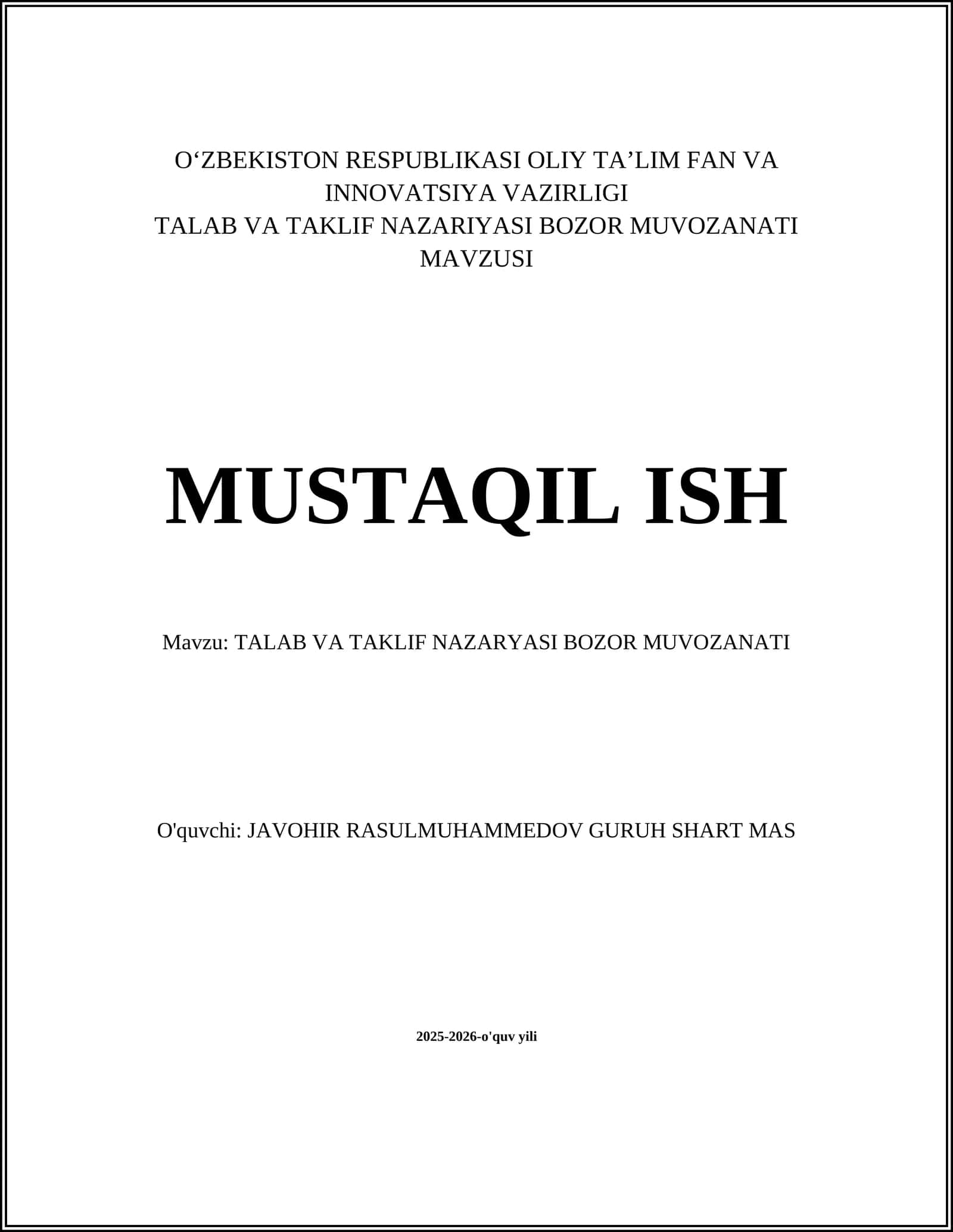 TALAB VA TAKLIF NAZARYASI BOZOR MUVOZANATI 1