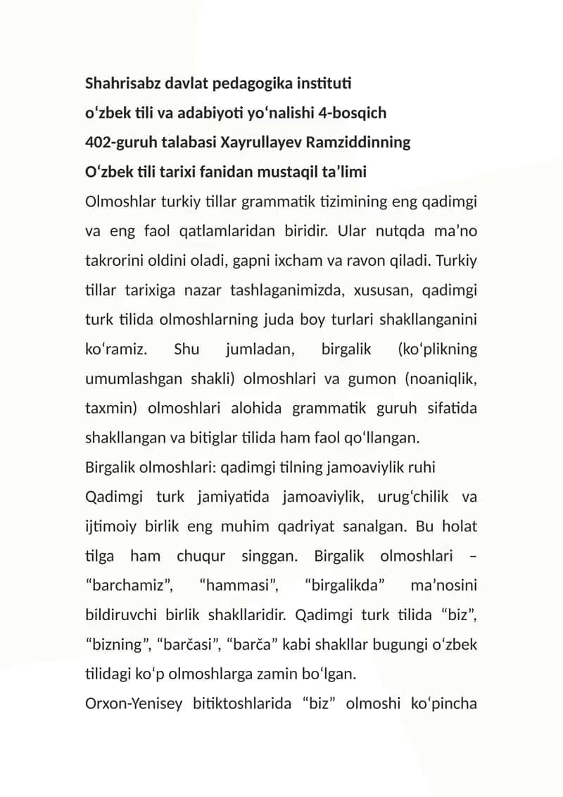 Olmoshlar turkiy tillar grammatik tizimi 1