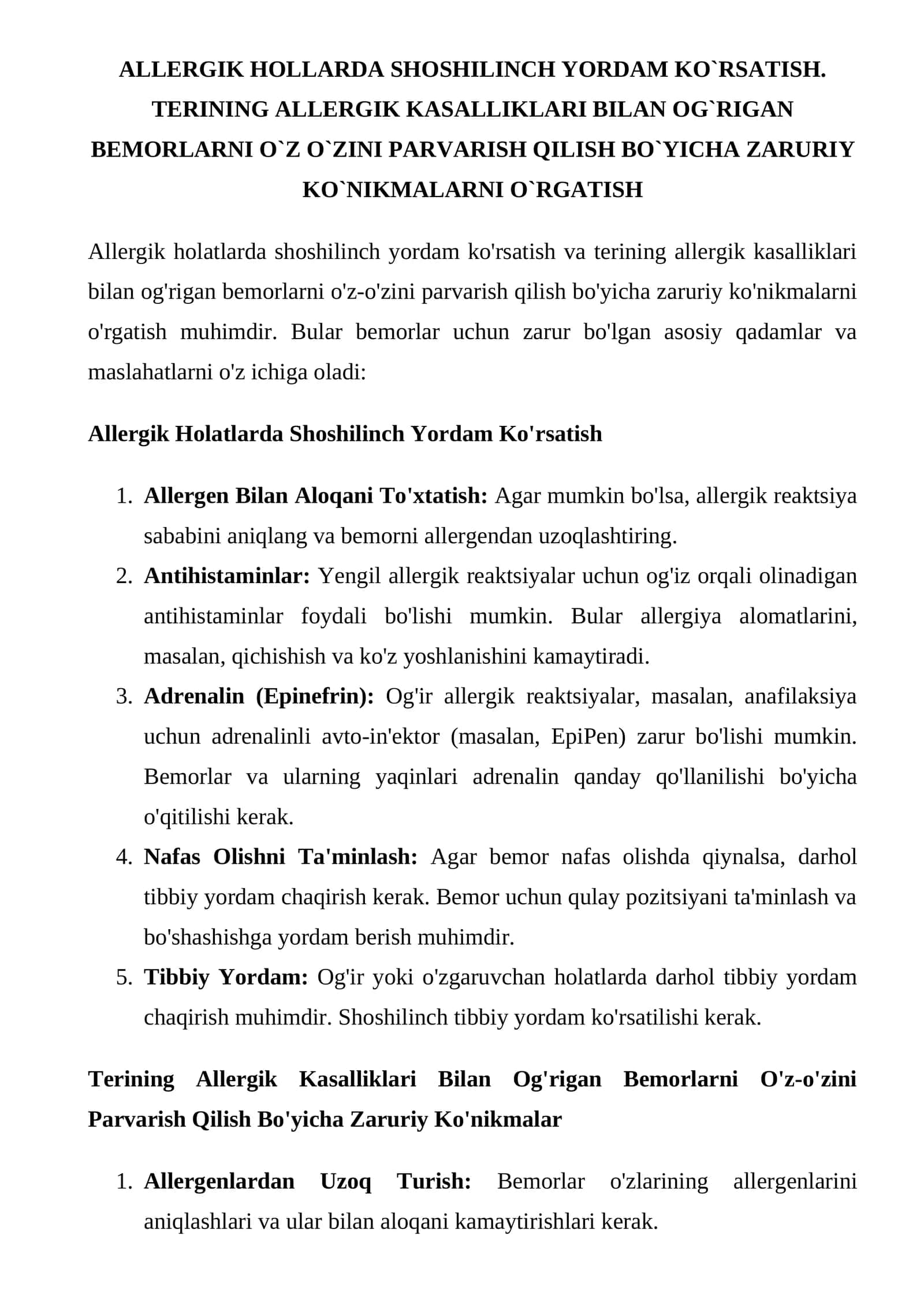 Allergik Holatlarda Shoshilinch Yordam Ko'rsatish 1