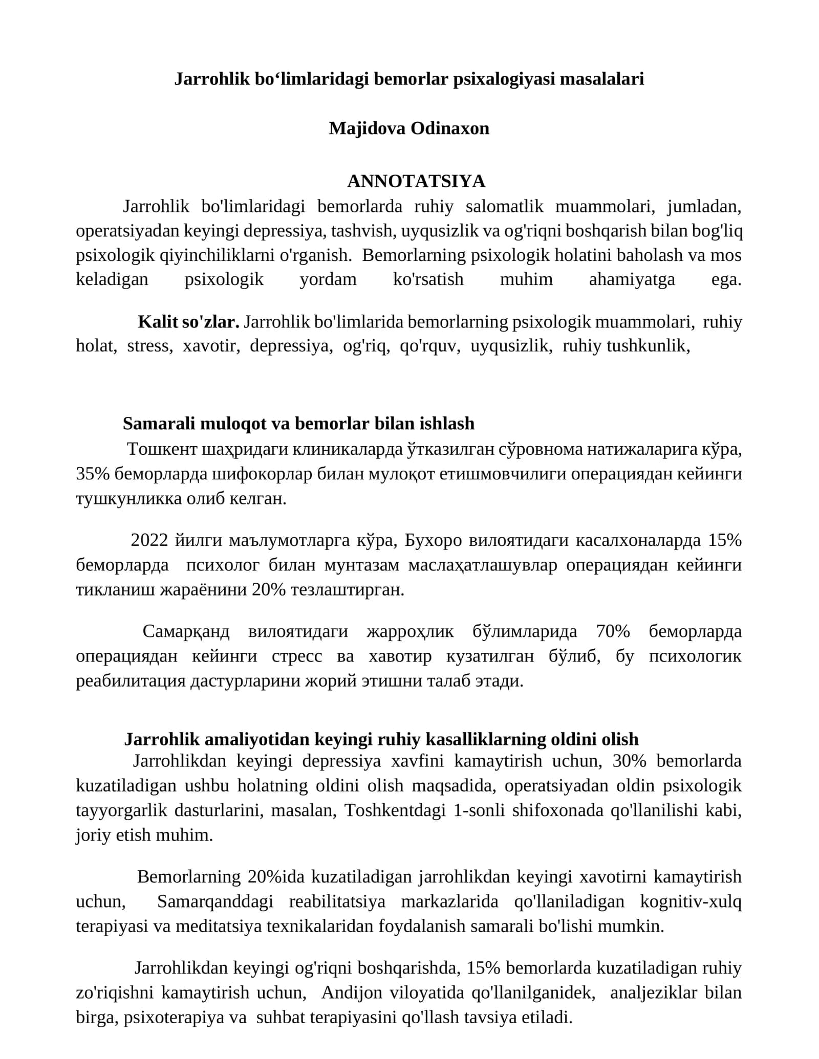 Jarrohlik boʻlimlaridagi bemorlar psixalogiyasi masalalari 1