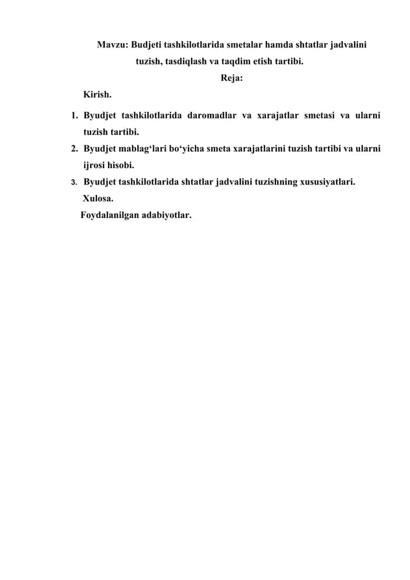 Byudjet tashkilotlarida smetalar hamda shtatlar jadvalini tuzish, tasdiqlash va taqdim etish tartibi 1