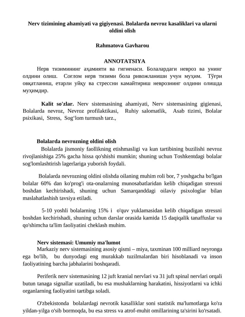 Nerv tizimining ahamiyati va gigiyenasi 1