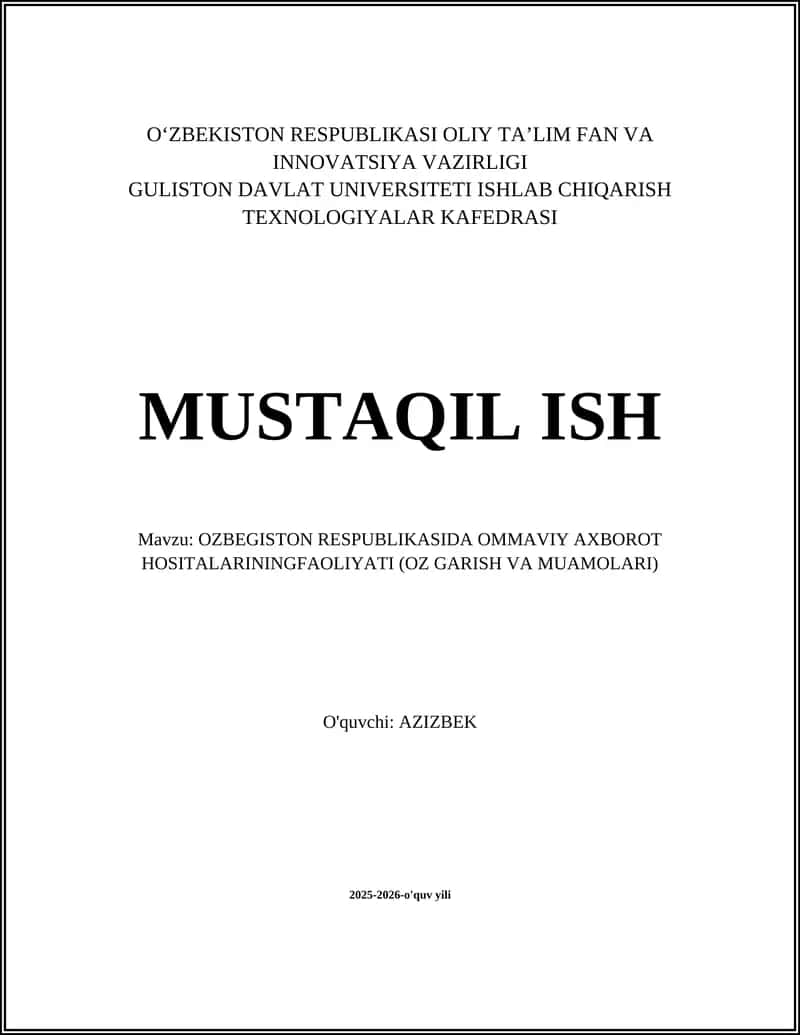O’ZBEKISTON RESPUBLIKASI OLIY TA’LIM FAN VA INNOVATSIYA VAZIRLIGI 1