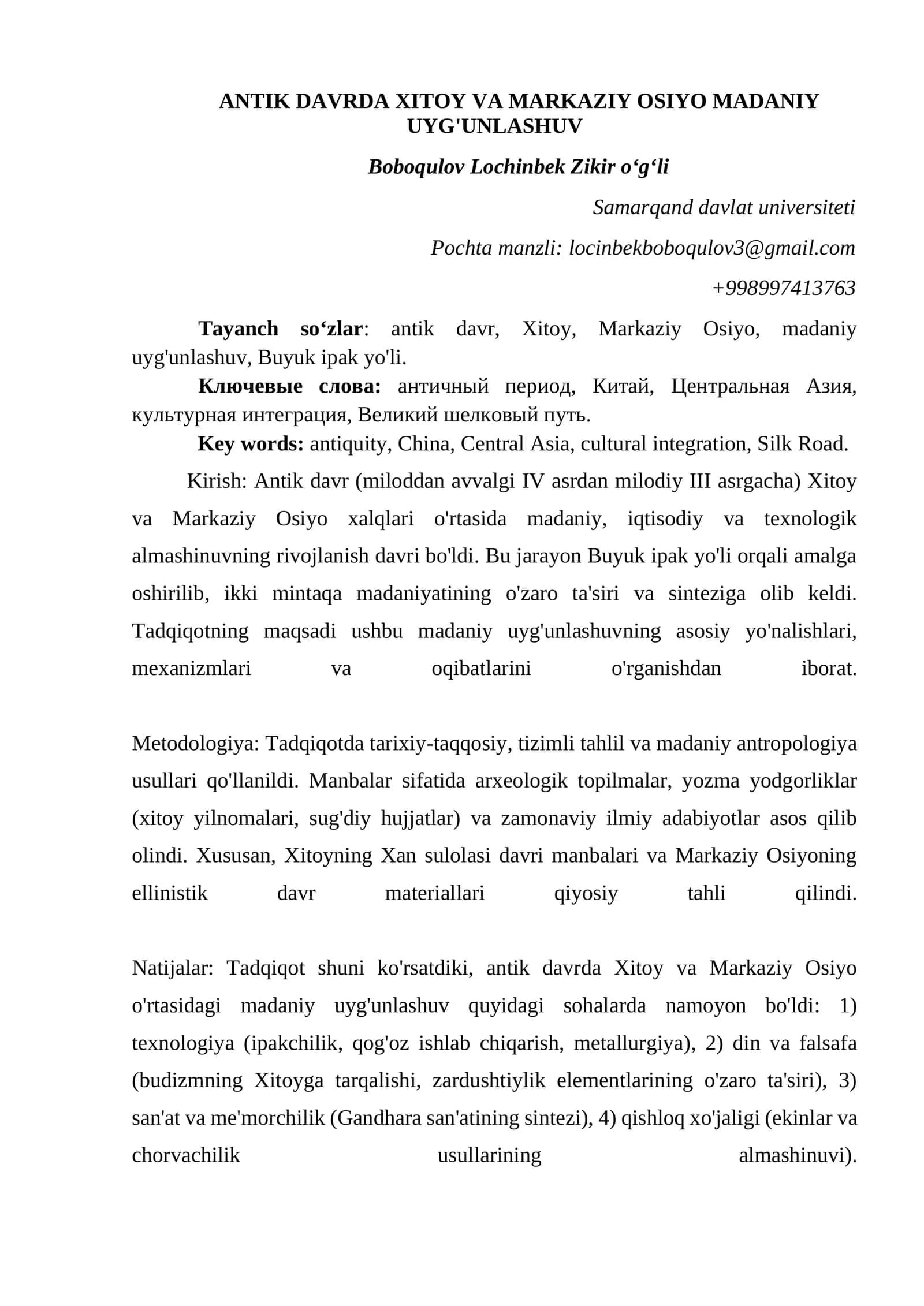 ANTIK DAVRDA XITOY VA MARKAZIY OSIYO MADANIY UYG'UNLASHUV 1