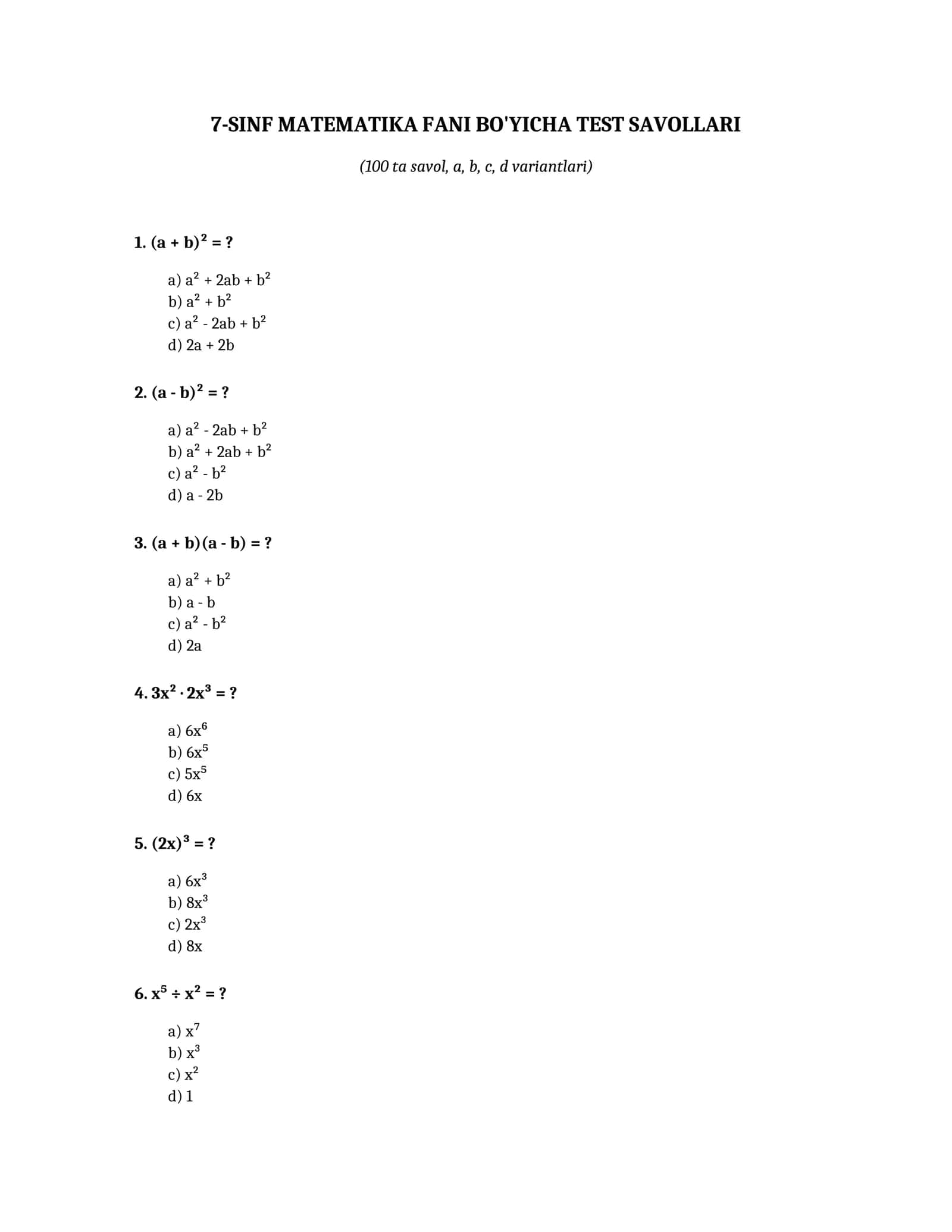 7-SINF MATEMATIKA FANI BO'YICHA TEST SAVOLLARI 1