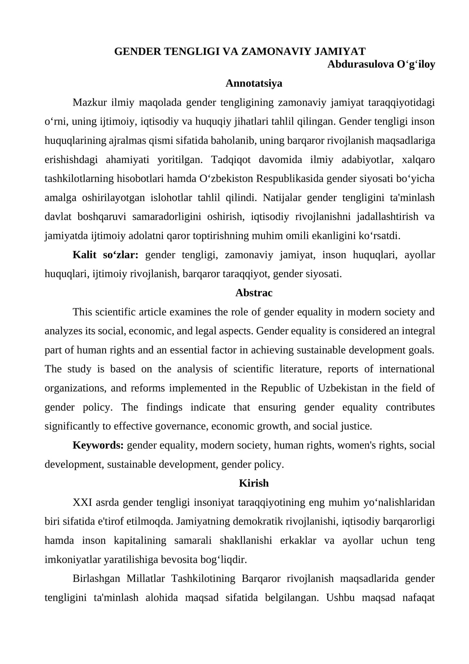 GENDER TENGLIGI VA ZAMONAVIY JAMIYAT 1