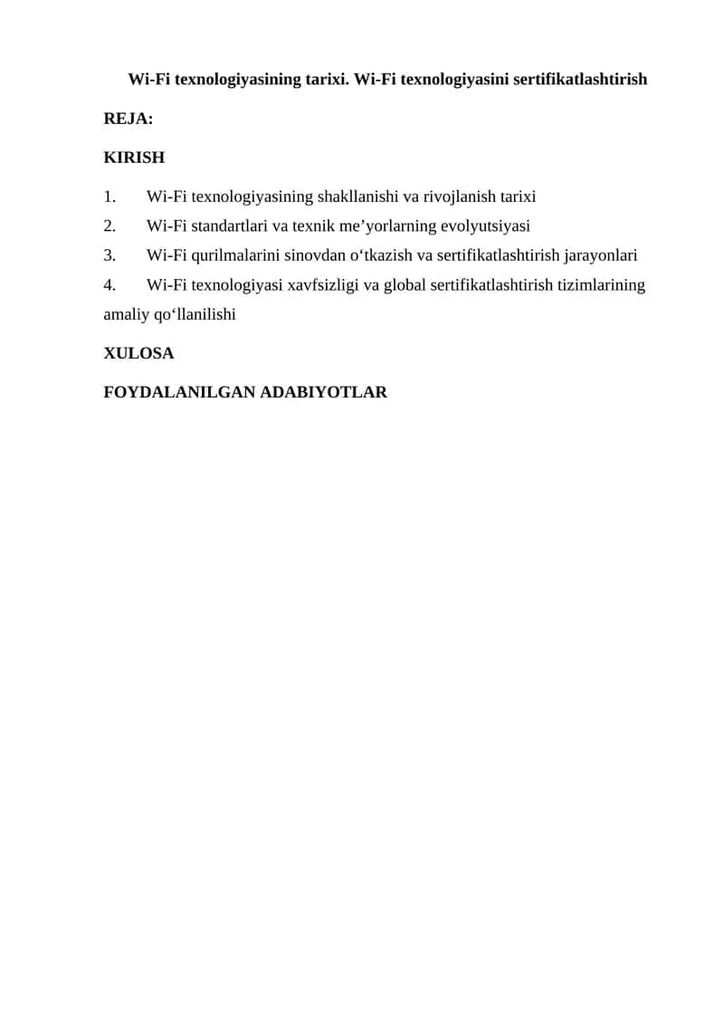 Wi-Fi texnologiyasining tarixi. Wi-Fi texnologiyasini sertifikatlashtirish 1