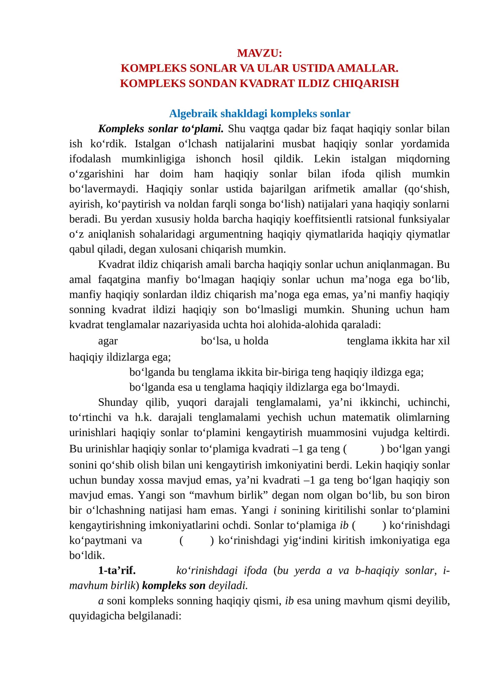 KOMPLEKS SONLAR VA ULAR USTIDA AMALLAR. KOMPLEKS SONDAN KVADRAT ILDIZ CHIQARISH 1