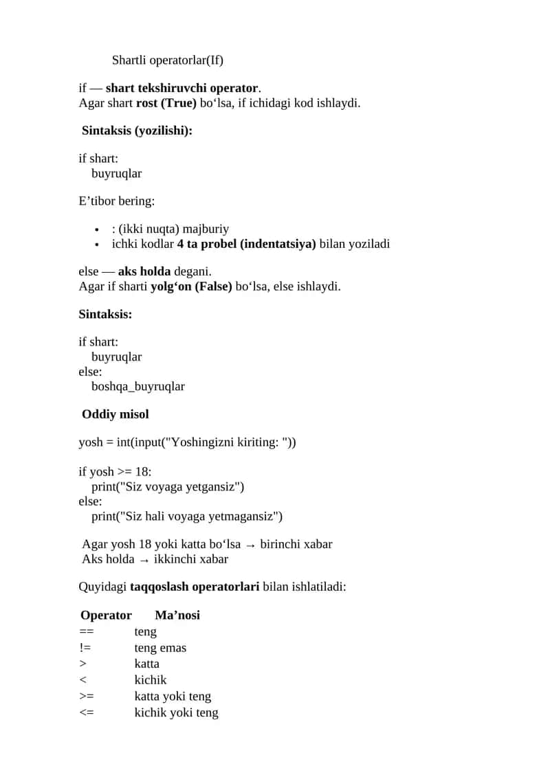 Shartli operatorlar(If) 1