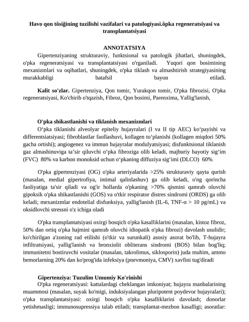 O'pka regeneratsiyasi va transplantatsiyasi 1