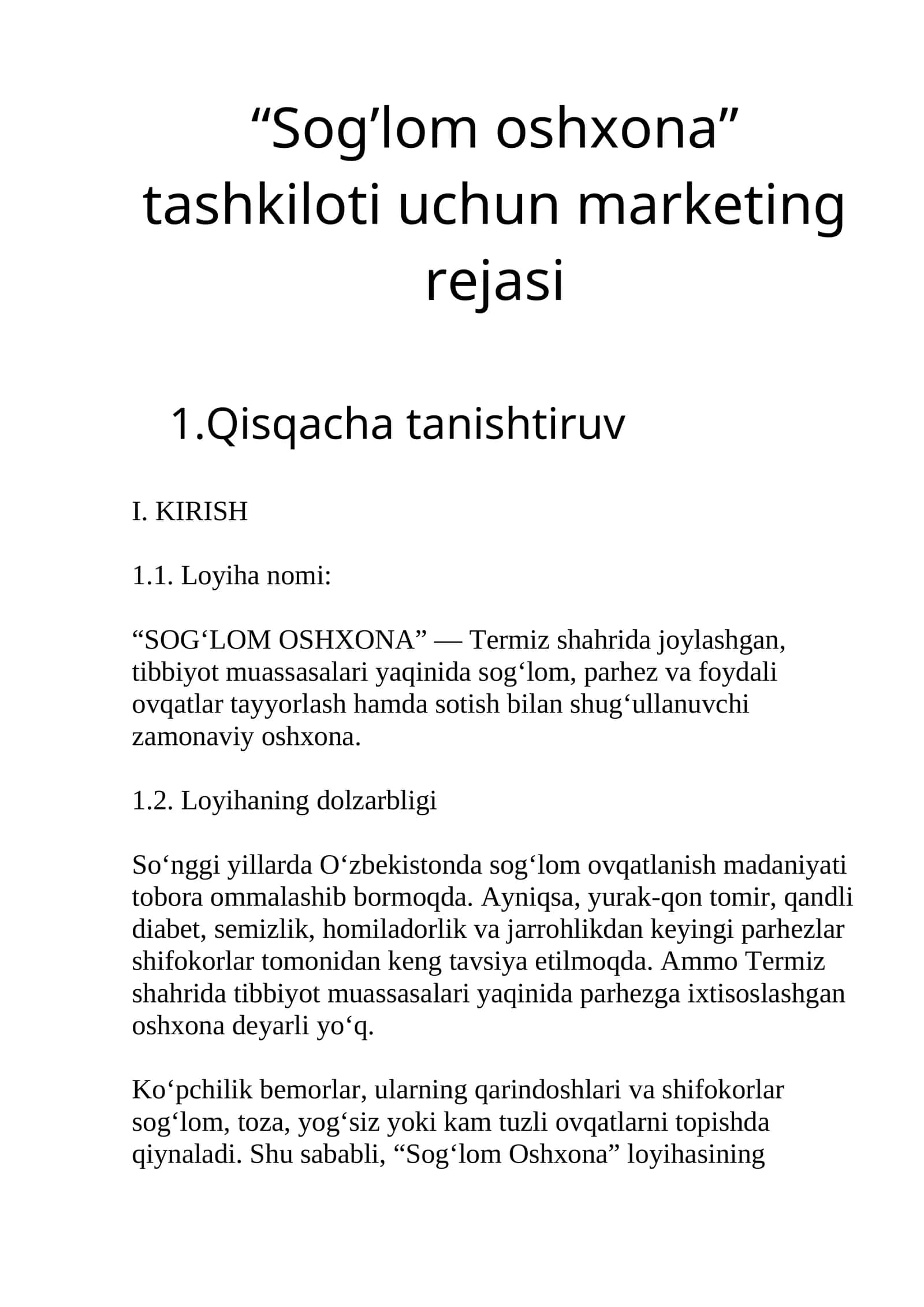 "SOG‘LOM OSHXONA" tashkiloti uchun marketing rejasi 1